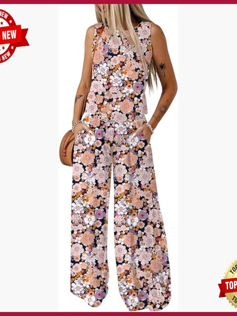 Wide Leg Pants Set Sleeveless Top Matching Outfit Regular Fit Rayon